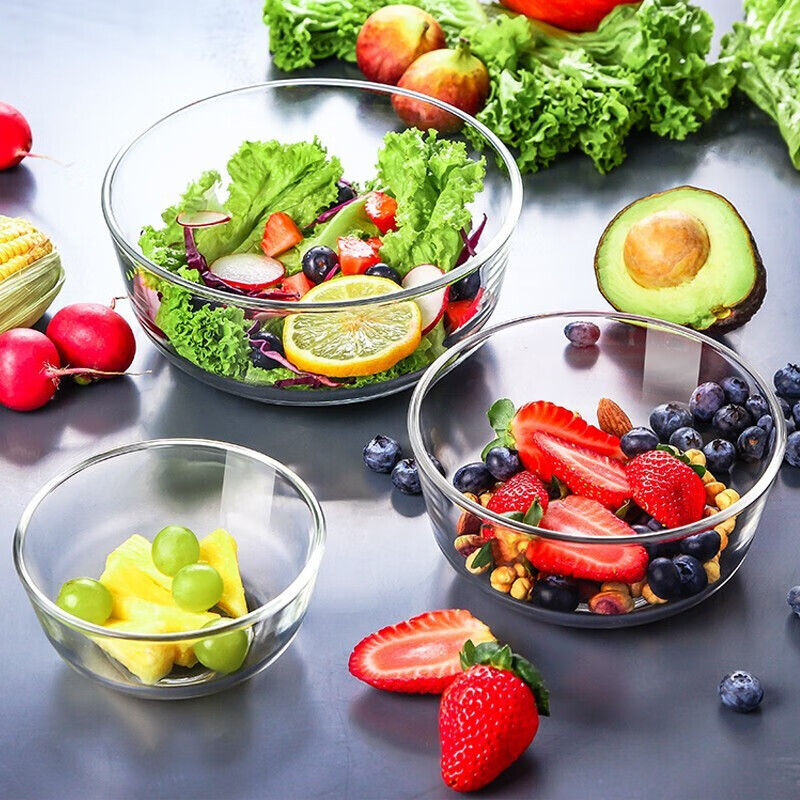 Ocean Thai Imported Glass Salad Bowl, Fruit Plate, Noodle Transparent Soup Bowl, Home Dessert Tableware Set of Three Pieces