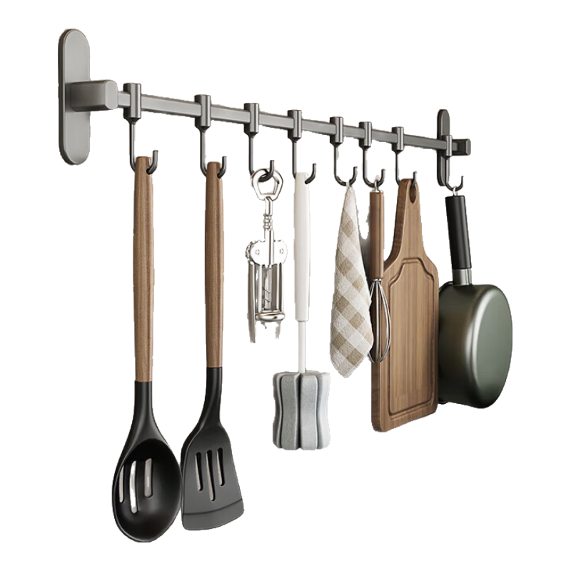 YOUQIN Kitchen Storage Rack Hooks, Wall-Mounted without Drilling, Multifunctional Hook Organizer, Pot Lid Rack, Stainless Steel Hanging Rod, Gunmetal Gray, 50cm