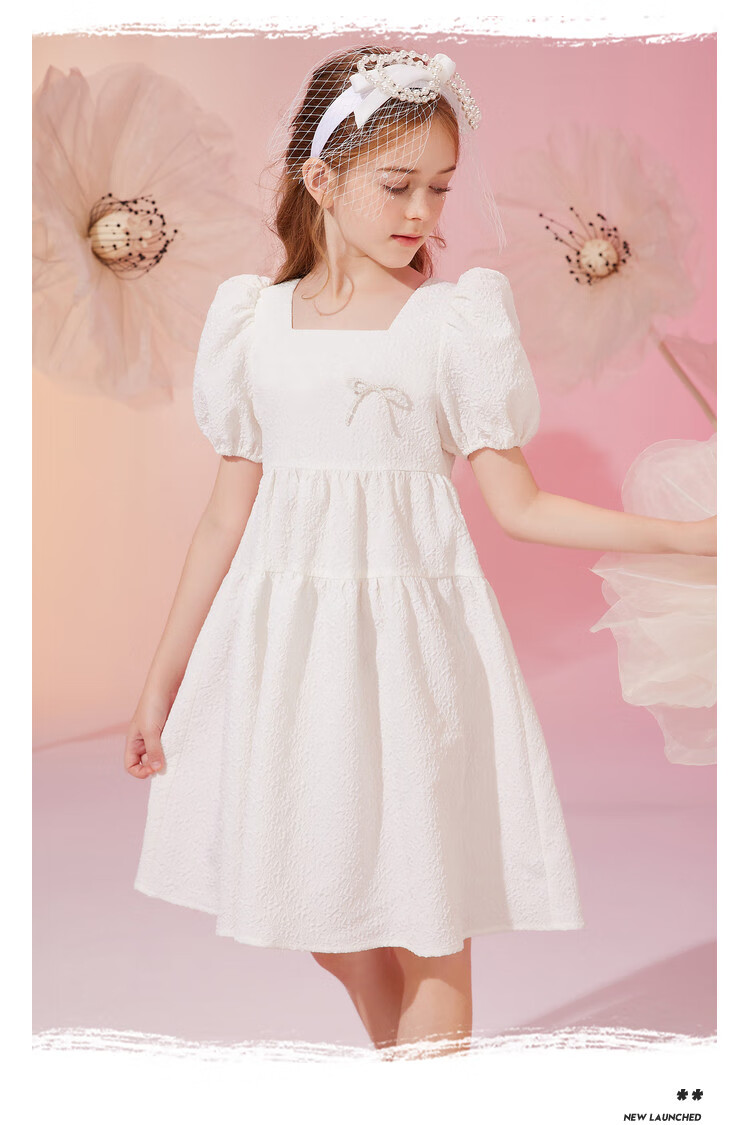ASK JUNIOR Girls' Summer Dress with Puff Sleeves, Princess Style, Beach Vacation-Inspired White Dress 6
