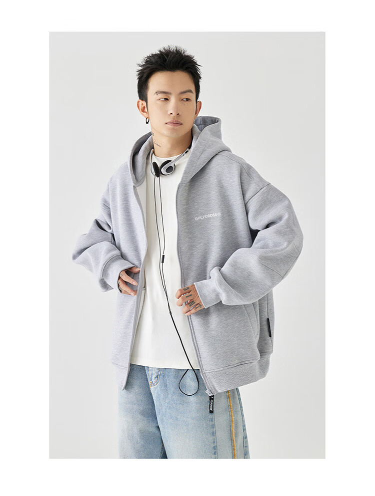 GOLFCROSS Couple's Sweatshirt, Spring And Autumn Letter Embroidery, Loose Hooded Cardigan Jacket, Gray, S 9