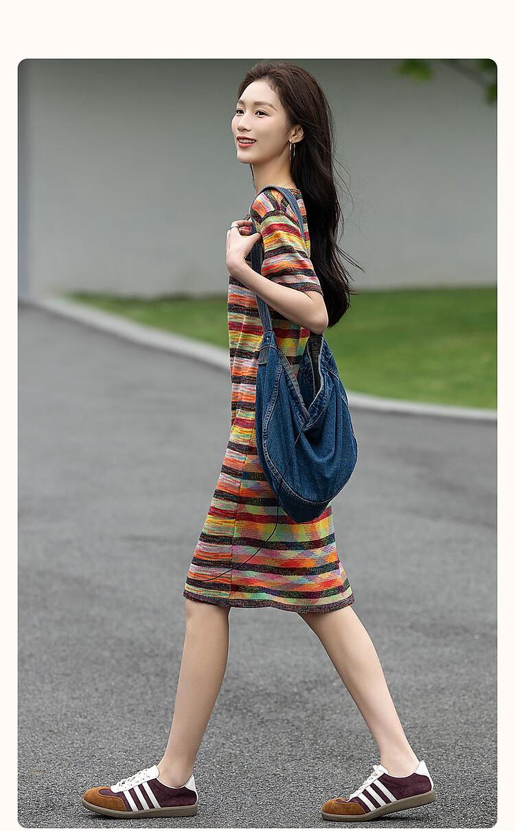 Dme [Gradient Rainbow Dress], Spring And Autumn Vintage Dopamine Stylish Round Neck A-Line Bodycon Comfortable Women's Dress 3