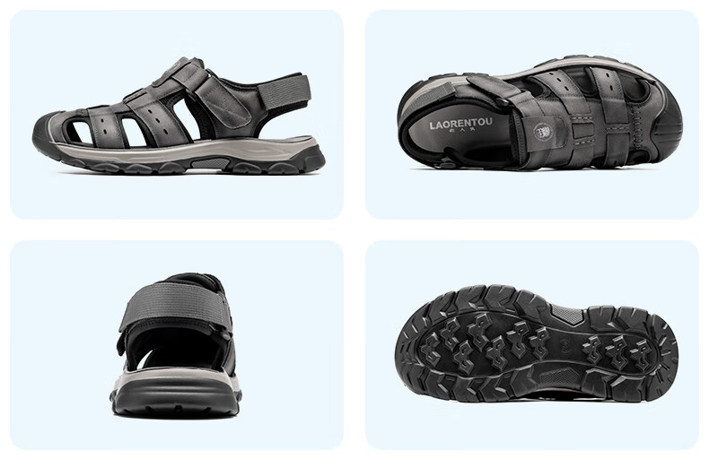 LAORENTOU Men's Summer Outdoor Casual Leather Sandals Closed-Toe Anti-Collision Hole Beach Shoes LT66 Gray Size 39 10