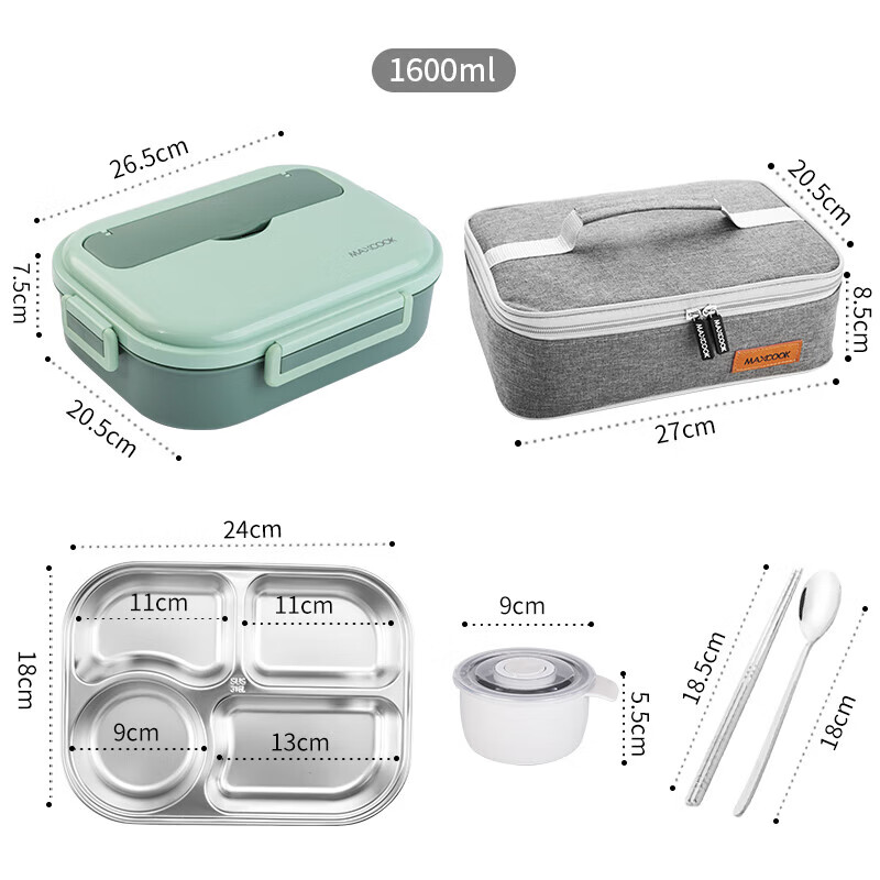 Maxcook 316L Stainless Steel Lunch Box, Microwave-Safe 4-Compartment Insulated Student Lunch Box with Utensils And Bag MCFT5845