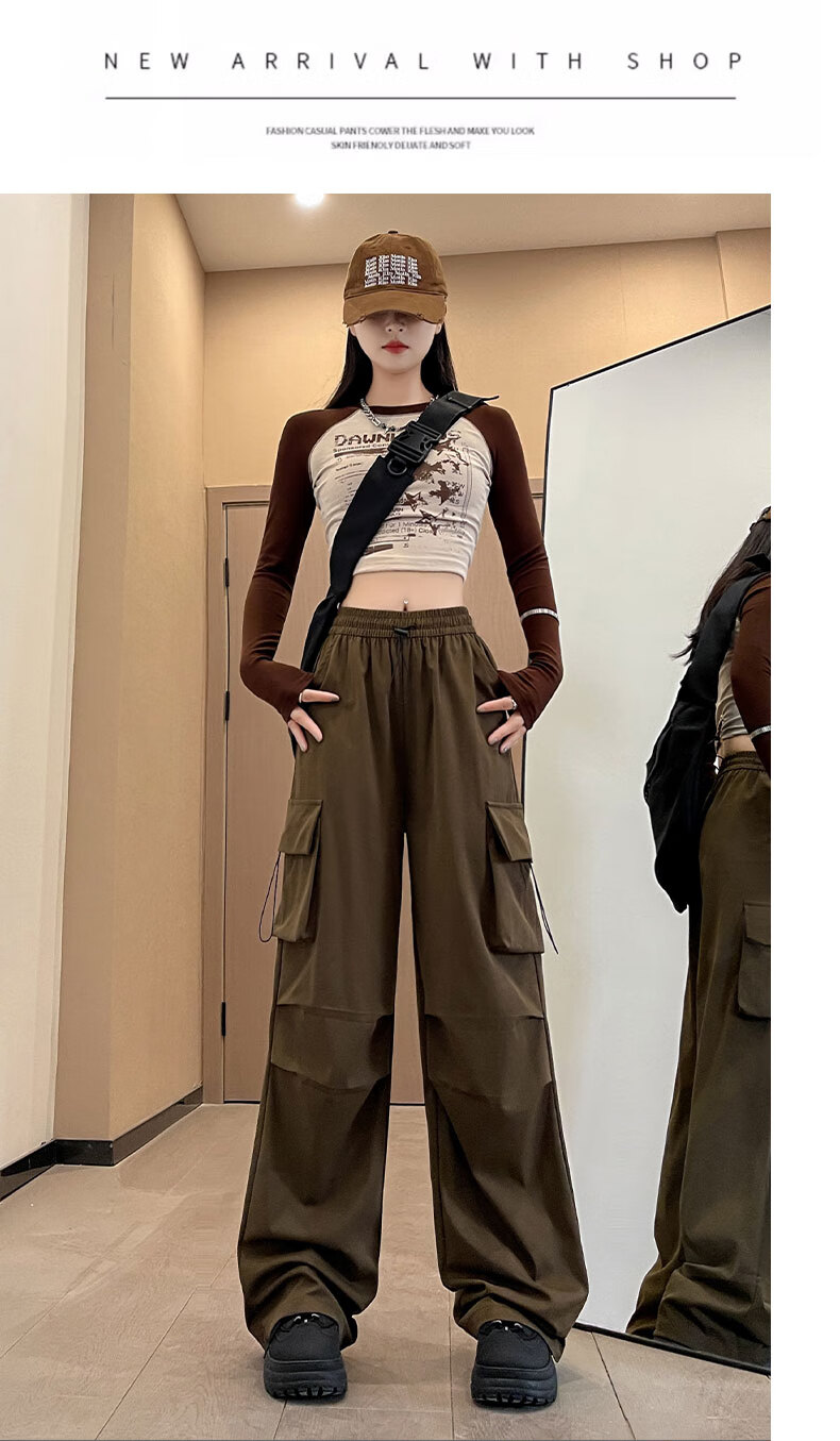 LangSha American-Style Parachute Cargo Pants for Women, Summer Ice Silk High-Waist Wide-Leg Loose Casual Quick-Dry Outdoor Sports Pants for Wome 41