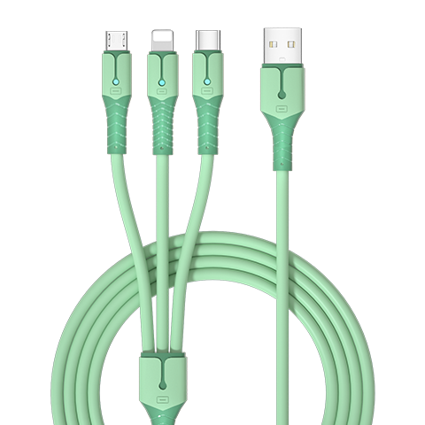 Nengshi Three-In Charging Cable, Fast Charging Compatible with Apple IPhone14 Type-C And Android Devices, Three-In Head for Xiaomi Huawei 66W Car Charger Cable, 0.6 Meter Gree