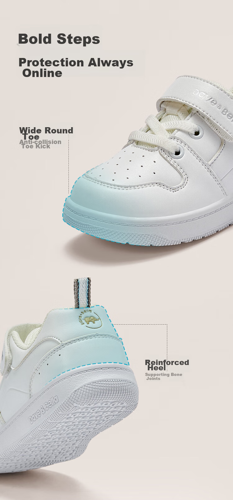DAVE & BELLA Girls' Sneakers, Children's Baby White Shoes, Soft-Soled Shoes, Spring Boys' Kindergarten Children's Functional Shoes 3