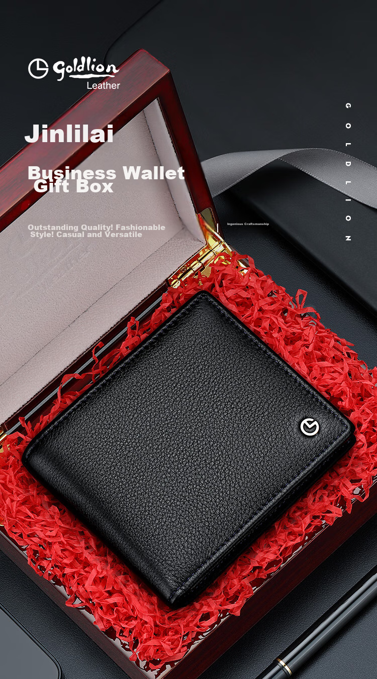 Goldlion Men's Wallet, Short Bifold Leather Wallet with Multiple Card Slots, Wooden Gift Box Billfold, Birthday Gift 1