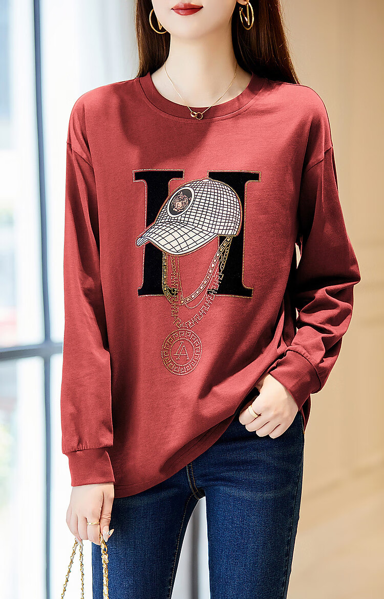 Dme Spring And Autumn Cloud Soft Cotton Long Sleeve Sporty Design Rhinestone Women's T-Shirt, Pink, XL 14