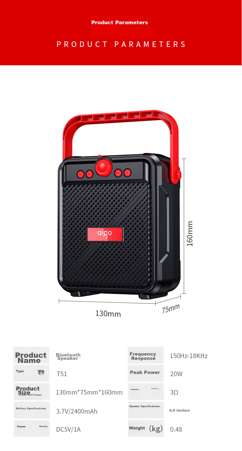 Aiguozhe T51 Bluetooth Speaker, Outdoor Square Dance Sound System, High Volume Handheld Portable Speaker, Small Home Subwoofer Amplifier, Street Vending Payment Player 13
