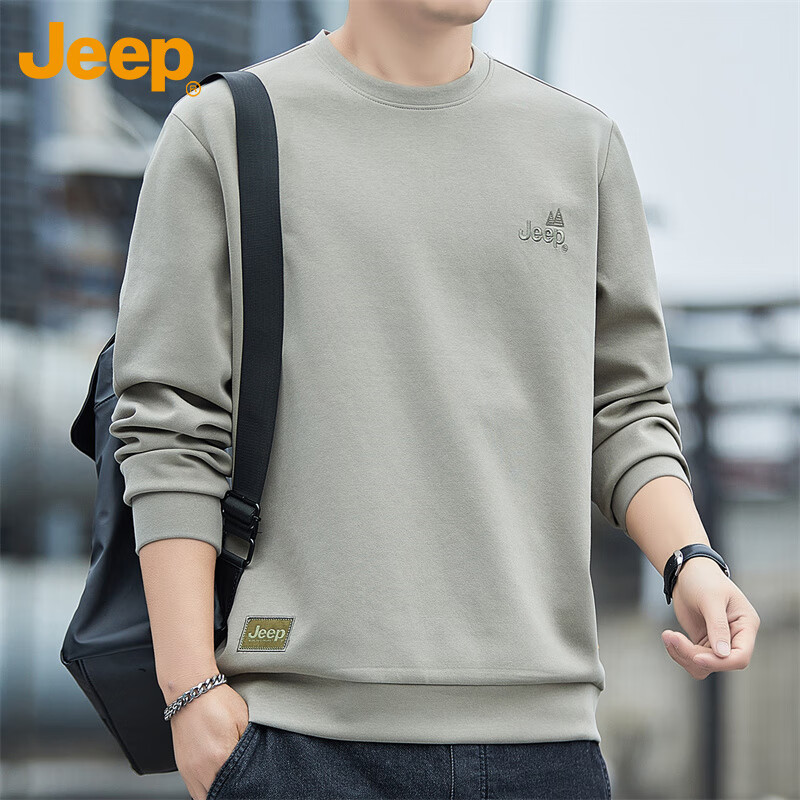 JEEP Men's Sweatshirt, Spring And Autumn Round Neck Long Sleeve T-Shirt, Loose Casual Clothing for Men, Camel Color, 2XL