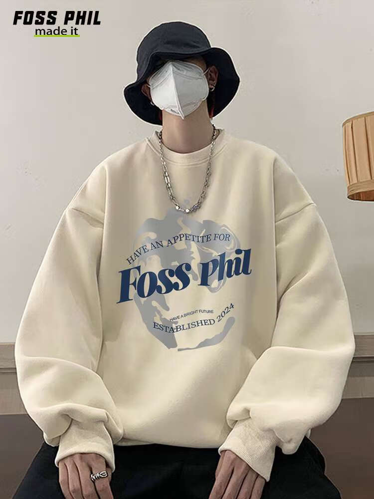 Foss Phil Men's Sweatshirt, Spring And Autumn Fashion Brand, Round Neck Printed Oversized Casual Long-Sleeve Undershirt, FPW1 Black L 10