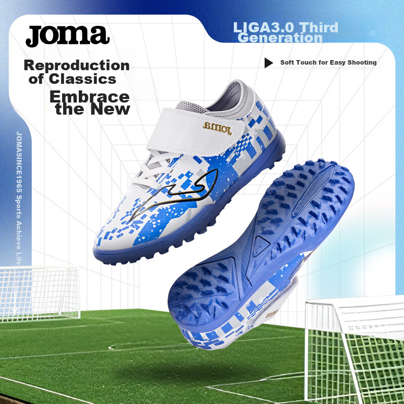 JOMA Soccer Shoes for Children, TF Turf Cleats for Boys And Girls, Youth Elementary School Students' Classic Replica Football Training Shoes, White And Blue, Size 31