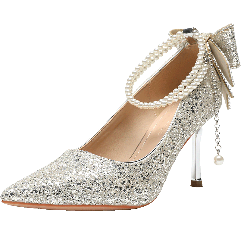 ZHR High Heels for Women, Pointed Toe with Bow, Wedding Shoes for Women, Sequined Elegant Pumps, IE01 Silver, Size 35