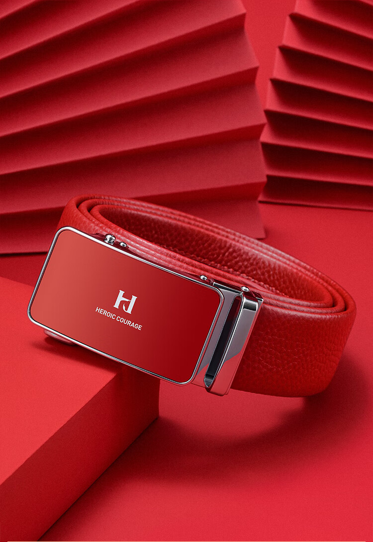 HLA Men's Belt with Automatic Buckle, Business-Style Top-Layer Cowhide Red Waistband, Fashionable Birthday Gift, Trouser Belt for Boyfriend Or Father 7
