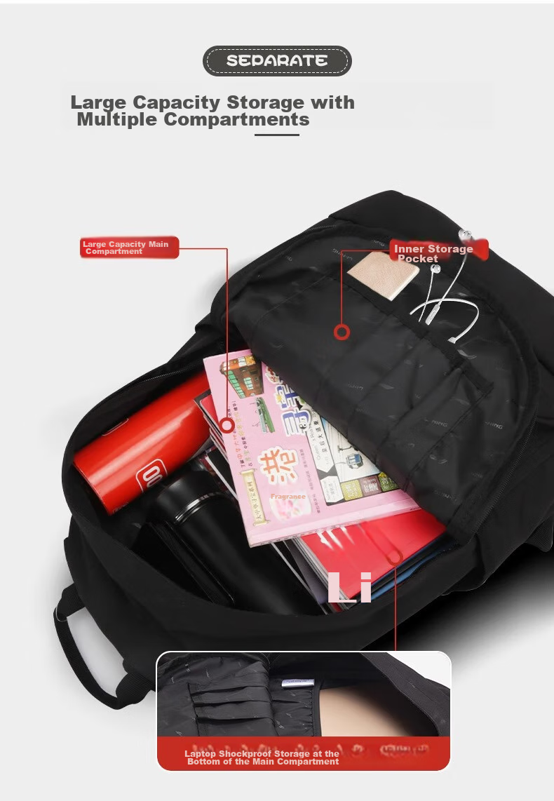 Li-Ning Backpack Large Capacity Lightweight Travel Bag for Middle And High School Students, Business Trips, Hiking And Laptop Carrying Black 15