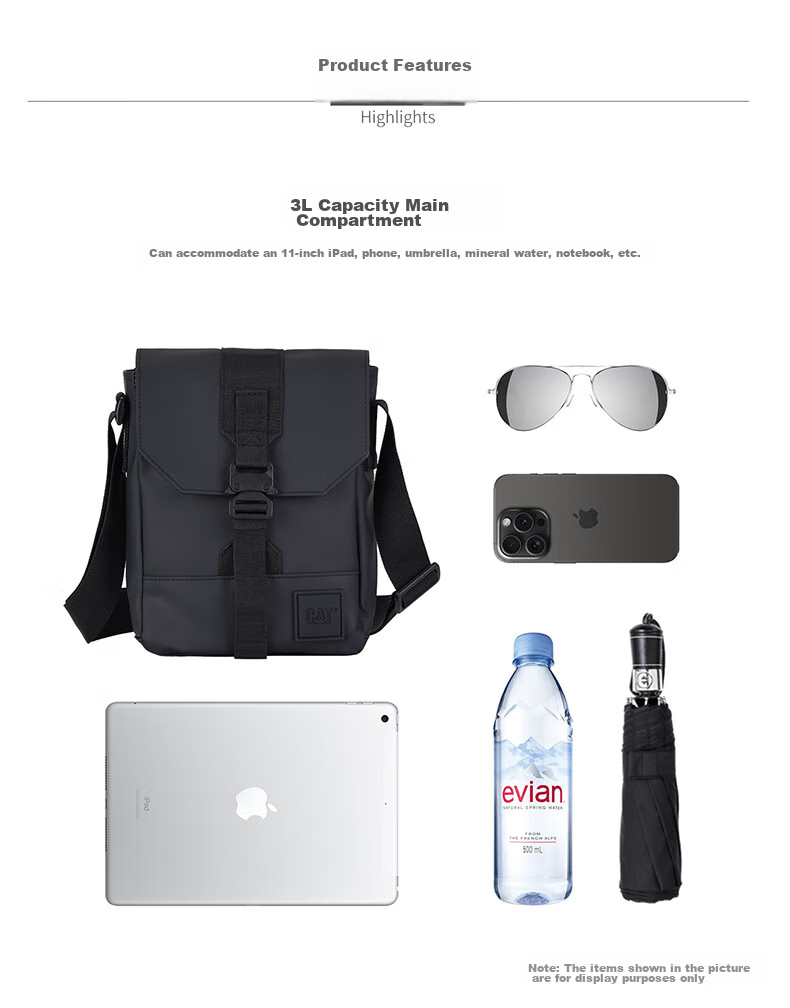 CAT Crossbody Bag, PU Casual Outdoor Messenger Bag, Sports Shoulder Bag, 11-Inch IPad Small Bag, Lightweight And Fashionable, Black, 84515 3