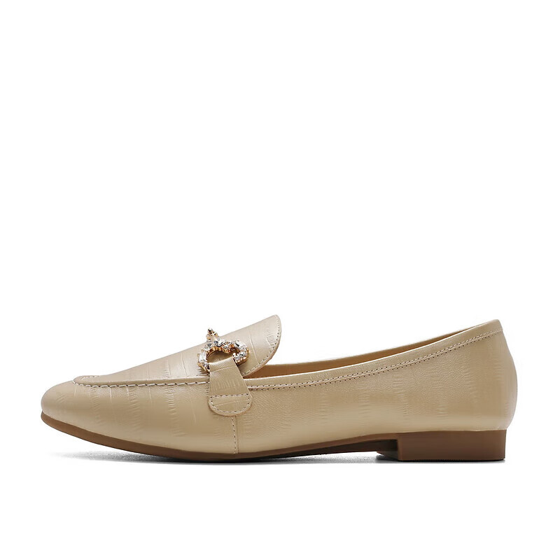 Belle Sheepskin British Style Loafers, Flat Heel Peas Shoes for Women, Spring And Summer Small Leather Shoes, Retro Flats A7H1D, Apricot Color, Size 34