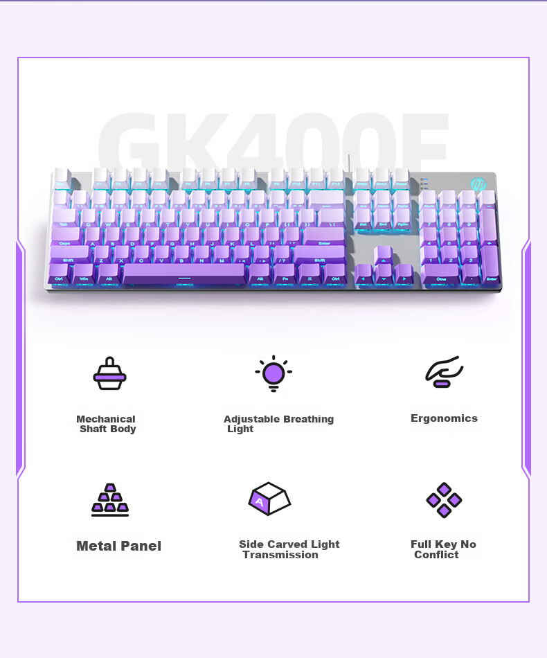 HP Mechanical Keyboard, Wired for Office And Gaming, Desktop And Laptop Use, Side-Engraved Gradient Purple And Blue Switches, 104 Keys 2