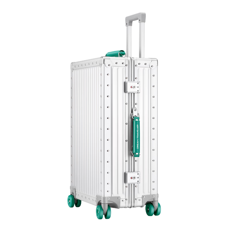 Dream Traveler All-Aluminum Magnesium Alloy Trolley Suitcase with Spinner Wheels, Metal Luggage for Men And Women, 24-Inch Silver with Green Trim