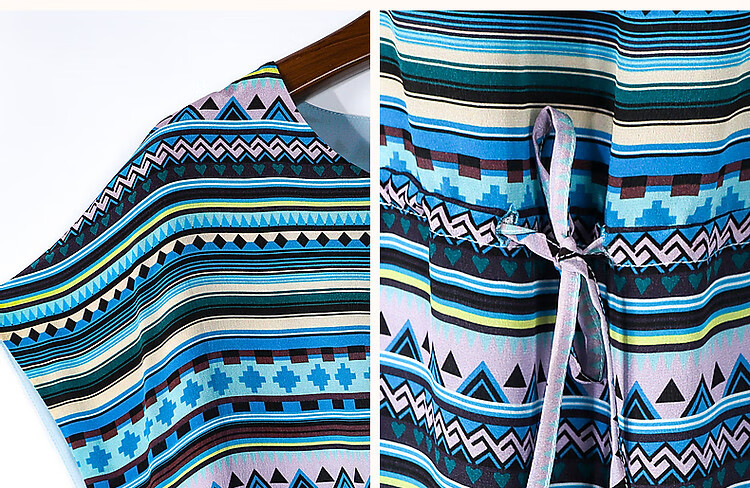 Dme [Cambridge Story] Summer Lightweight Mulberry Silk Round Neck Striped Printed Drawstring Dress for Wome 10