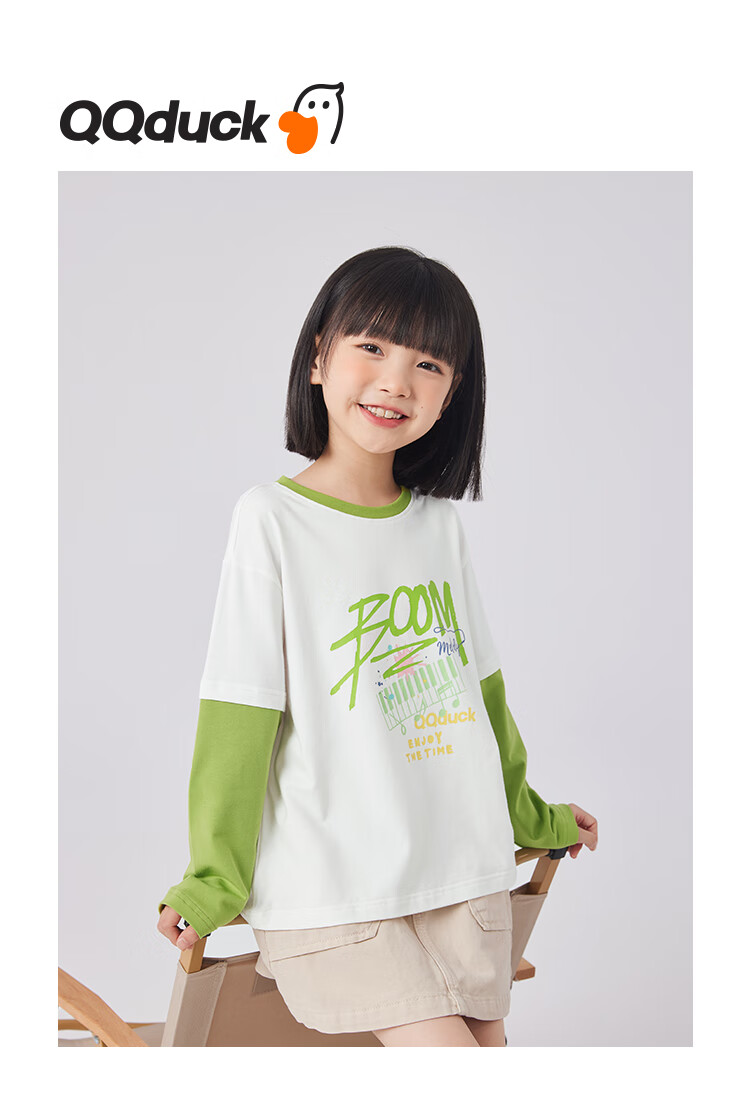 QQ DUCK Children's Clothing Girls' Long-Sleeve T-Shirt Undershirt Youth Wear Music Party White; 130 1