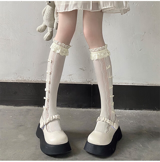 LangSha Silk Stockings, Mid-Calf Socks for Women, Thin Spring And Summer Style with Lace Trim And Bow, Thigh-High Socks, Pure Seductive Style, JK Lolita Silk Stockings 5