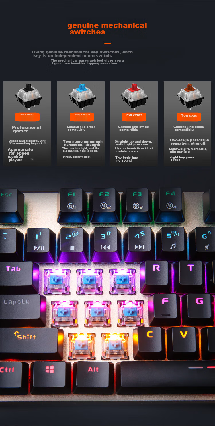 DAREU EK815 Mechanical Alloy Edition Keyboard, Wired Keyboard, Gaming Keyboard, 108 Keys Mixed Backlight, Multi-Key Anti-Ghosting, PUBG Keyboard, Black And Silver Black Switches 3