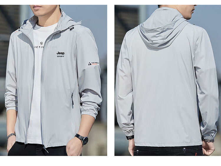 JEEP SPIRIT Men's Sun Protection Jacket, Breathable Hooded Coat, UPF50+ UV-Resistant Quick-Dry Jacket, Light Gray, XL 8