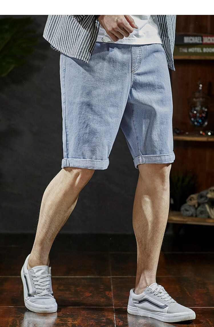 TonLion 2025 Spring Men's Versatile Cuffed Jeans Shorts, Mid-Length Shorts, Light Denim Blue, M 6