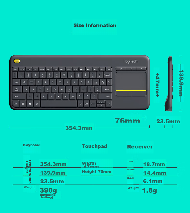 Logitech K400Plus Wireless Keyboard with Touch Control for Android Smart TV, Computer, Laptop Office Use with 2.4G Wireless Receiver, Black [Order Bonus] 16
