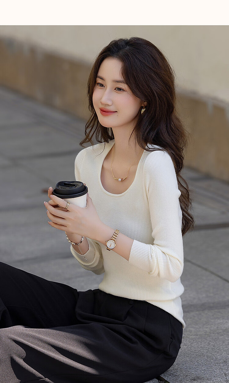 DME Winter Port Style Low Round Neck Slim Fit Concealing Long Sleeve Knit Top for Women Off-White M 24