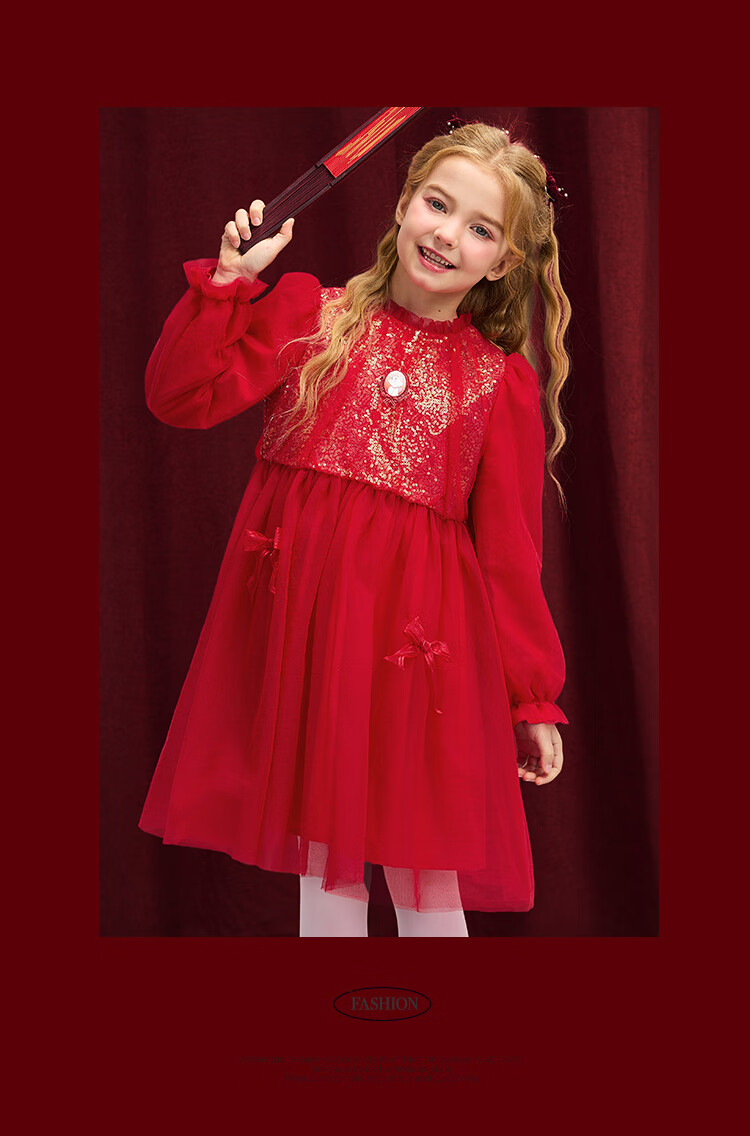 DISNEY Girls' Traditional Style Long Sleeve Dress New Year Princess Dress 25 Spring Autumn DB411RE02 Red Size 110 25