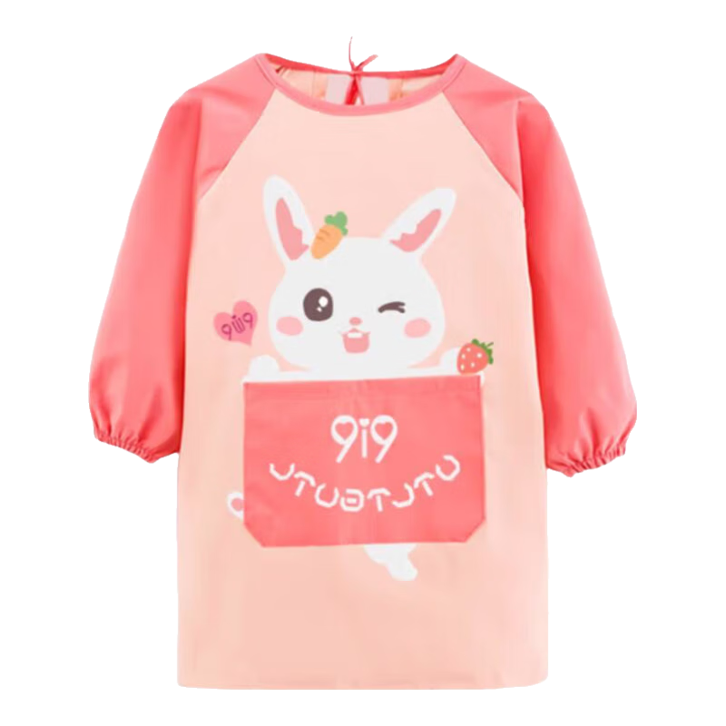9I9 Baby Eating Smock, Water-Resistant Long Sleeve, Kindergarten Painting Clothes, Infant Reverse Wear, Anti-Dirt Extended Pink Rabbit A50