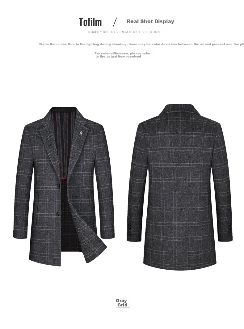 ROMON Mid-Length Double-Sided Wool Coat, Men's Thickened Woolen Overcoat, Trench Coat, Suit Collar, Double-Sided Wool Winter Jacket for Men, Gray Plaid, Size 170 6