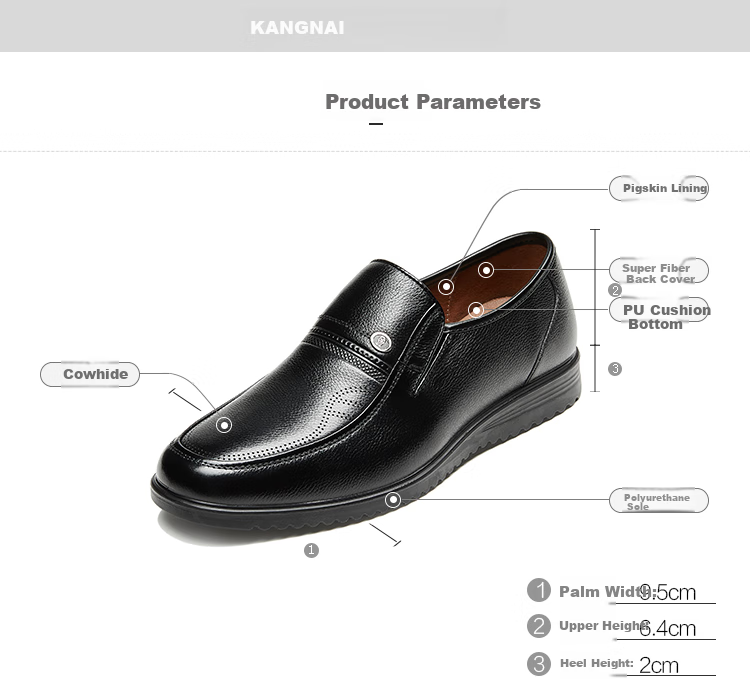 Kangnai Men's Leather Shoes, Round Toe Slip-On Formal Shoes, Lightweight Comfortable Loafers, Middle-Aged And Elderly Business Casual Shoes, Black, Size 38 6