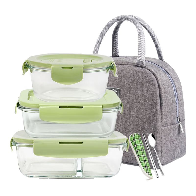 Chuangde Heat-Resistant Glass Food Storage Containers, Microwave-Safe Lunch Boxes for Office Workers, Bento Boxes, Green 650+700+2 Compartments 1000+ with Utensils Included