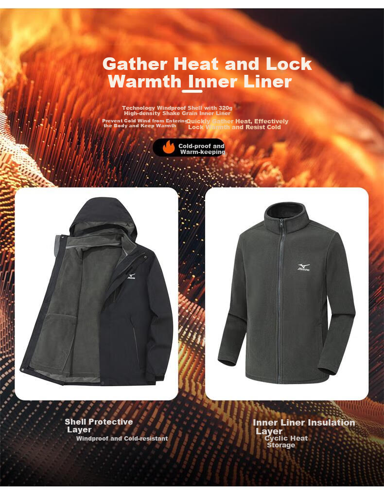 MIZUNO Outdoor Jacket Unisex Hiking Windproof 3-in-1 Two-Piece Set 2