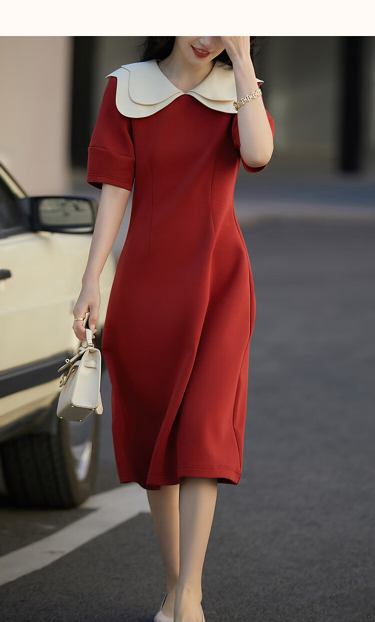 Dme [Young Noble] Spring and Autumn French Petal Collar Little Black Dress 350G Air Layer Contrast Color Dress for Wome 16