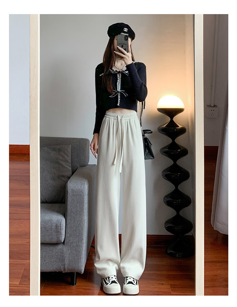 LangSha White Chenille Slim Wide-Leg Pants for Women, Spring And Autumn Thin Style, High-Waisted Draping Straight-Leg Corduroy Casual Sports Trousers 12