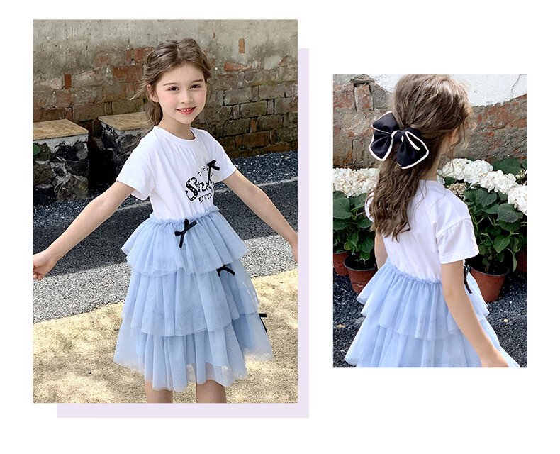 Follow Me Girls' Sweet Bow-Tie Patchwork T-Shirt Dress Children's Mesh Cake Skirt Summer White/blue 110 2