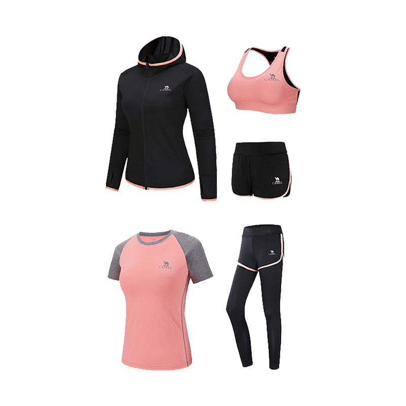 CAMEL Women's Sportswear Set, New Yoga Fitness Pilates Elastic Short-Sleeve Shorts And Pants Five-Piece Workout Outfit
