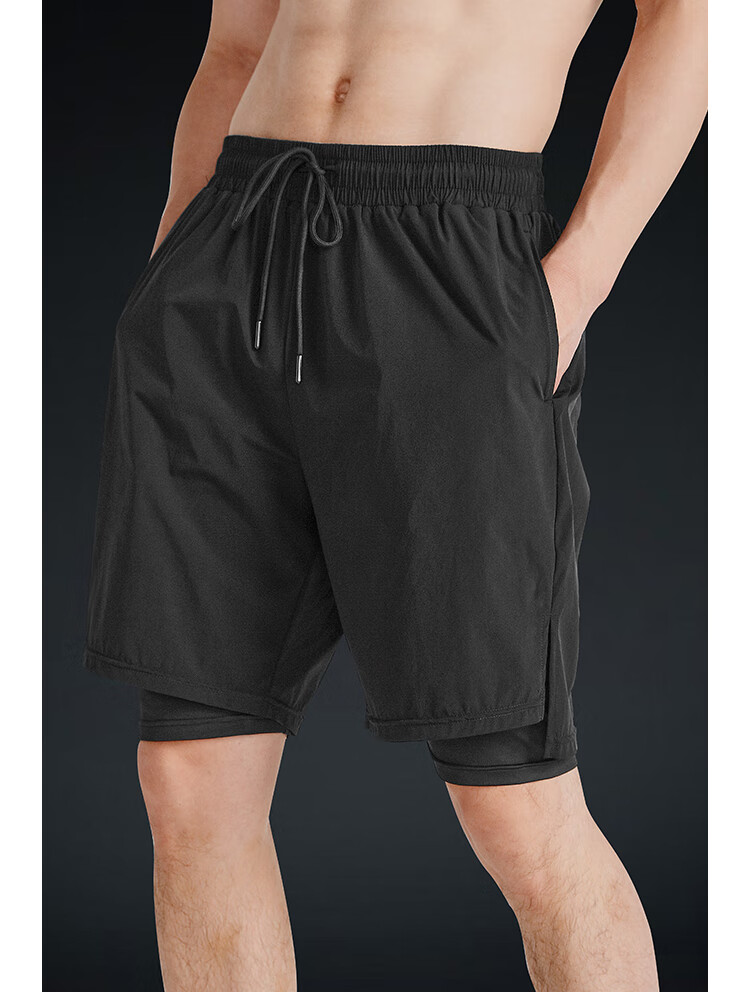 Fandimu Men's Sports Shorts, Marathon Running Black Double-Layered Inner Lining Fitness Hiking Quick-Dry Breathable Knee-Length Shorts 11