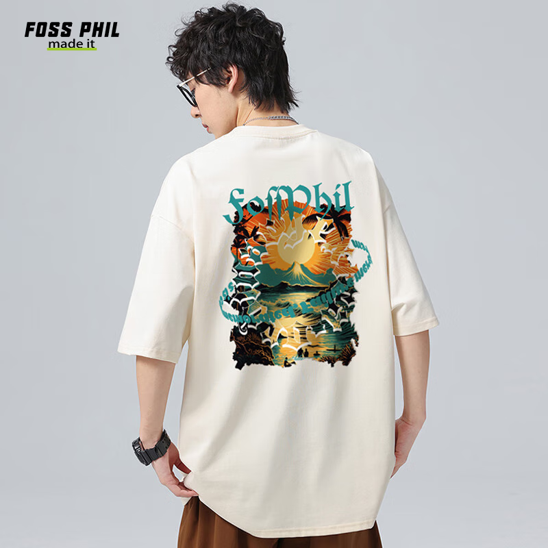 Foss Phil Short-Sleeve T-Shirt for Men And Women, Summer Pure Cotton American Trendy Fashion Printed Undershirt Men's Clothing DT15 Apricot Color M