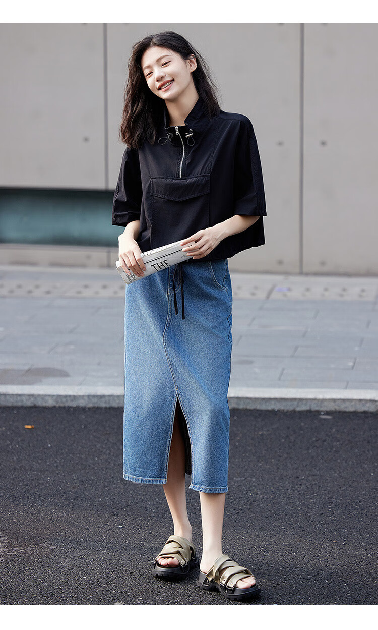 Dme [Ruffled Skirt] Autumn Casual Style Front Slit Triangle Design Denim Midi Skirt for Wome 11