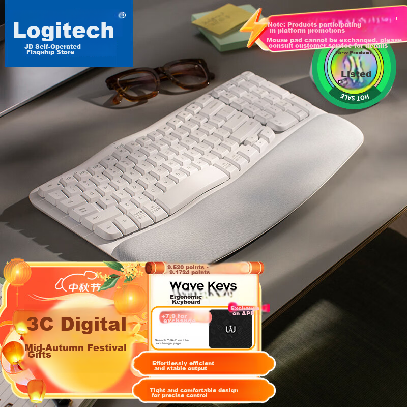 Logitech Wave Keyboard, Ergonomic Keyboard, Office Keyboard, Wireless Blue Keyboard with Soft Palm Rest, Connects to 3 Devices, White, 99 Keys
