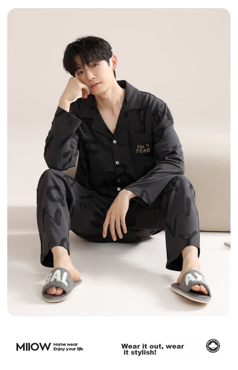 MiiOW [100% Pure Cotton] Men's Pajamas, Spring And Autumn Long-Sleeve, 10A Antibacterial, Anti-Mite, Sweat-Absorbing, Breathable Home Wear Set 4
