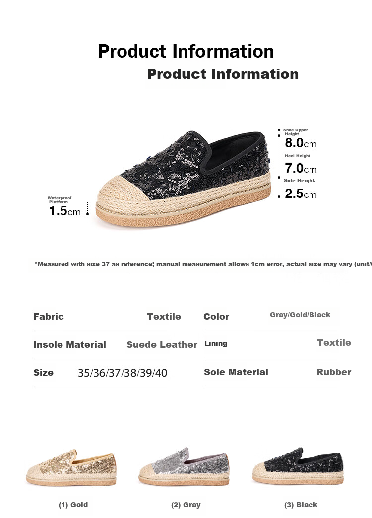 J&M Fisherman Shoes for Women, Spring And Summer Fashion Sequin Platform Slip-On Loafers, Gray, Size 38 1