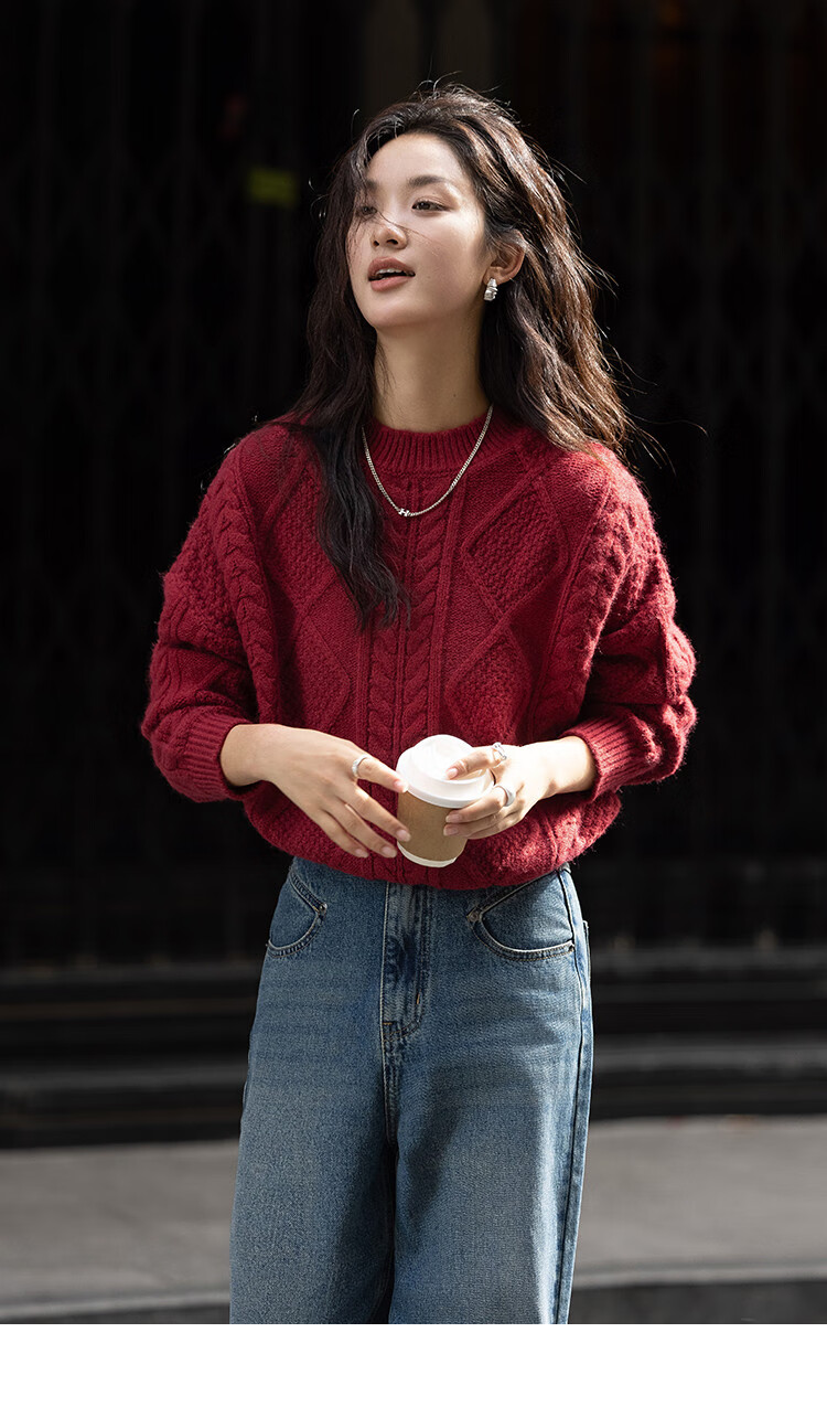 Dme [Romantic Red Knit Sweater], Spring And Autumn Round Neck Pullover Cable Knit Long-Sleeve Warm Sweater for Wome 10