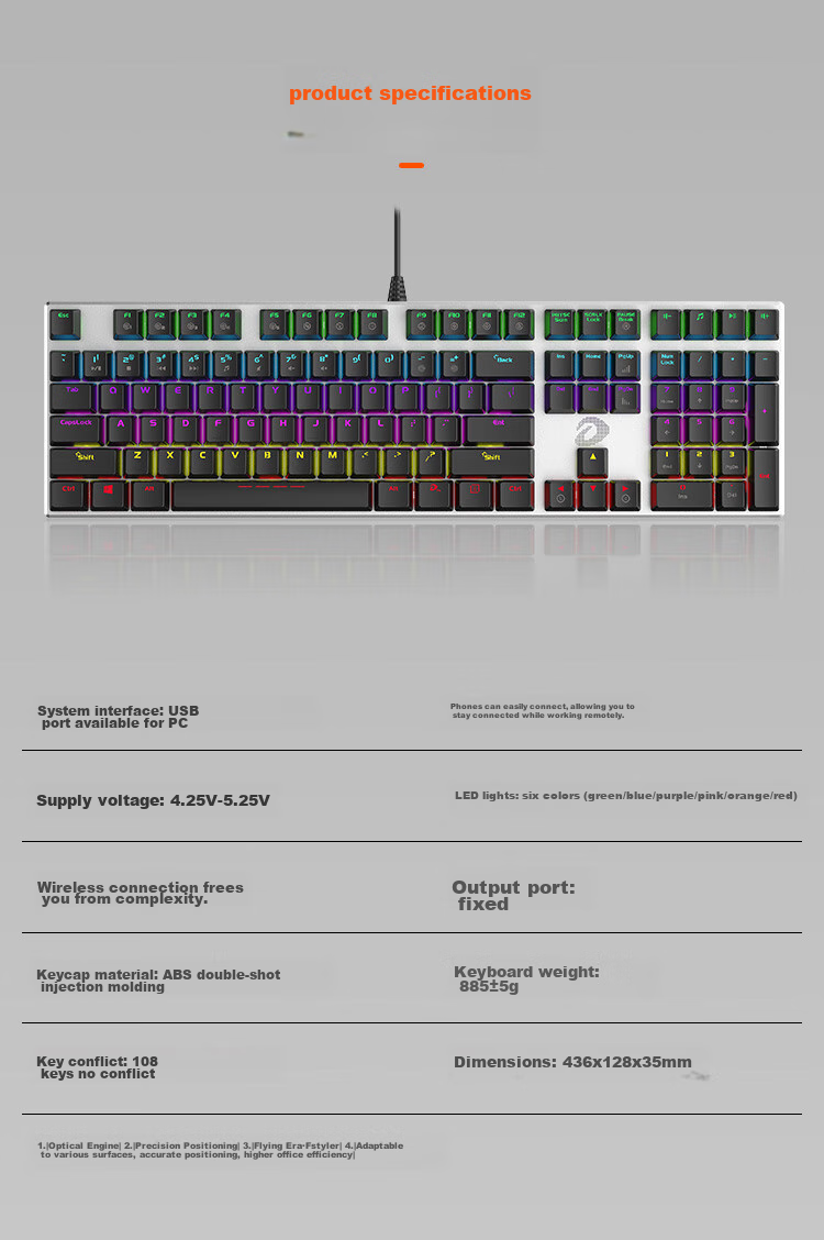 DAREU EK815 Mechanical Alloy Edition Keyboard, Wired Keyboard, Gaming Keyboard, 108 Keys Mixed Backlight, Multi-Key Anti-Ghosting, PUBG Keyboard, Black And Silver Black Switches 9