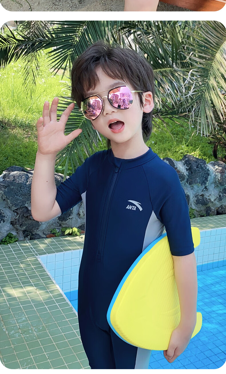 ANTA Boys' Swimwear 2024 New Kids' One-Piece Quick-Dry Youth Professional Training Swimsuit Blue White 150 6